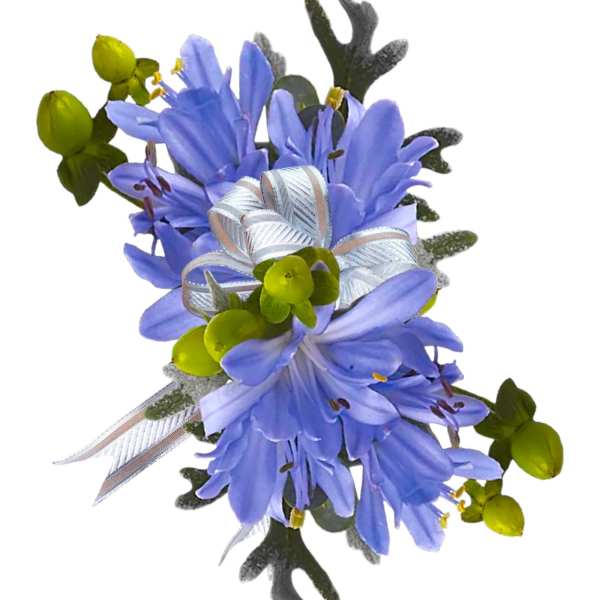 Blue floral corsage with silver ribbon and green accents