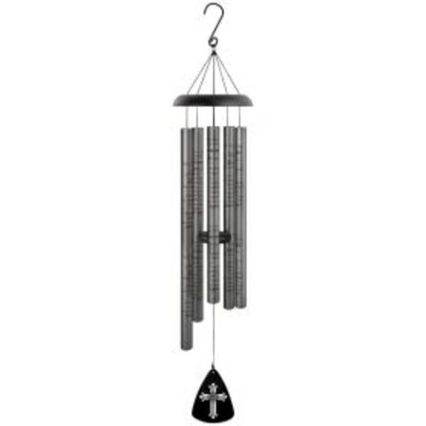 Hanging metal wind chime with a cross-shaped pendant