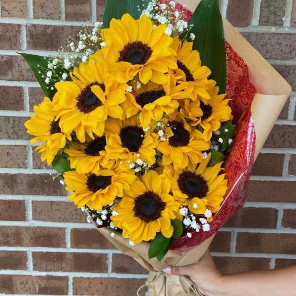 Bouquet of yellow sunflowers with baby's breath in brown paper