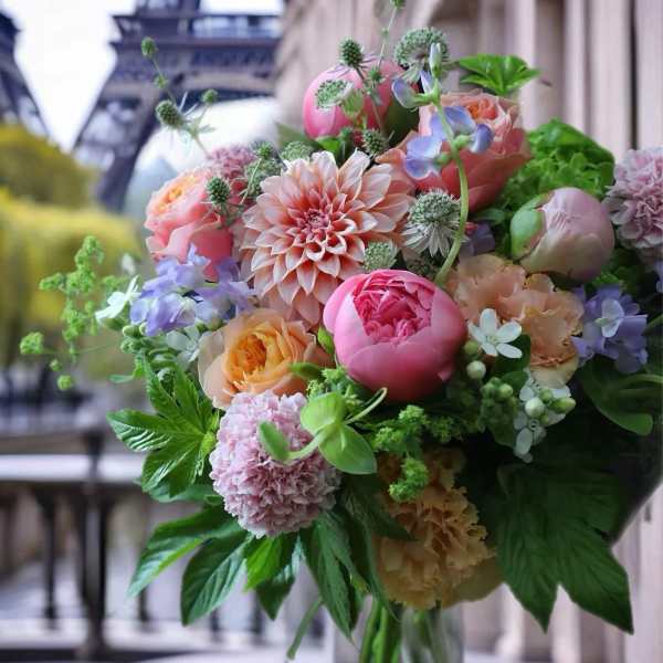 Pastel bouquet of roses, peonies, and dahlias with greenery