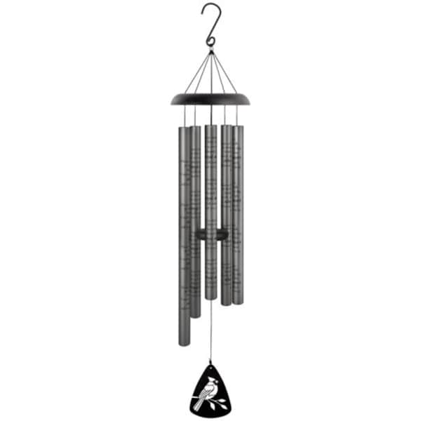 Black metal wind chime with hanging tubes and a bird-shaped clapper