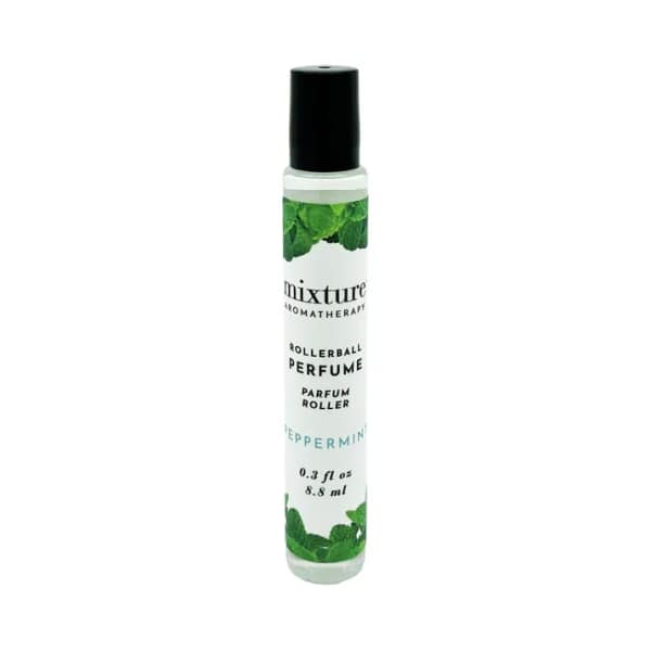 Peppermint rollerball perfume bottle with a black cap