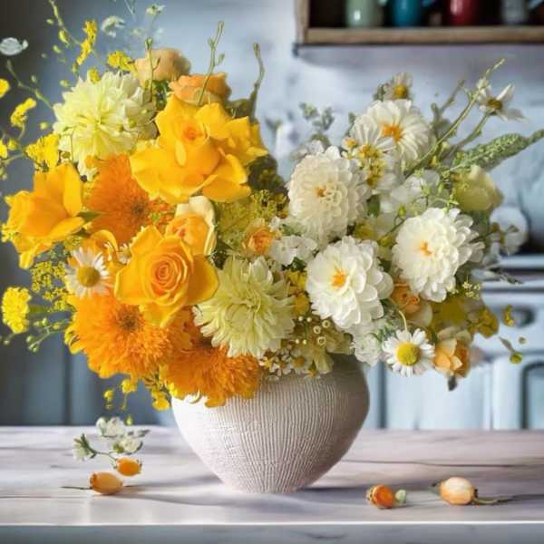 Yellow and white flower arrangement in a textured vase