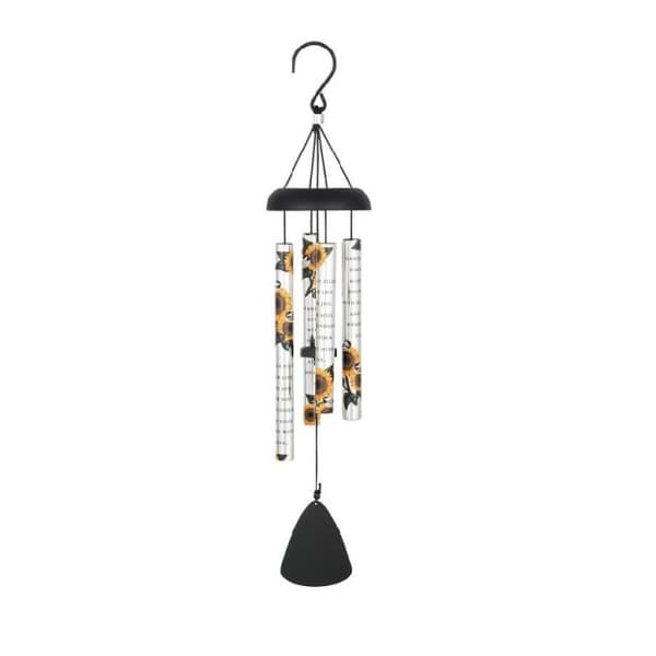 Hanging wind chime with sunflower-printed tubes and a black clapper