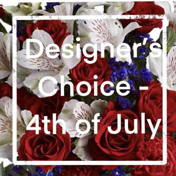 Red roses and white alstroemeria with blue filler flowers
