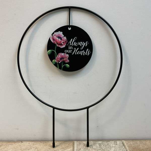 "Always in our hearts" metal plant trellis and plaque