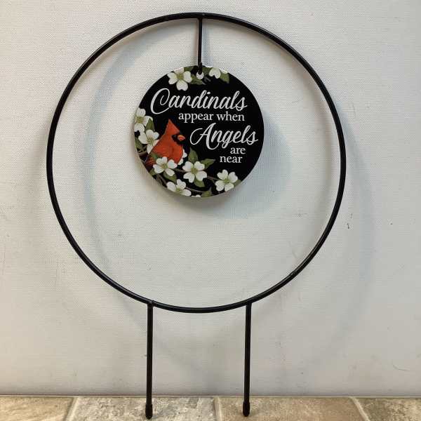 "Cardinals Appear" metal plant trellis with plaque