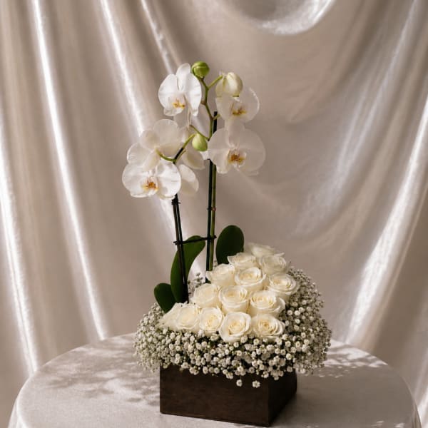 Elegant White Roses & Orchid Arrangement in Wooden Box