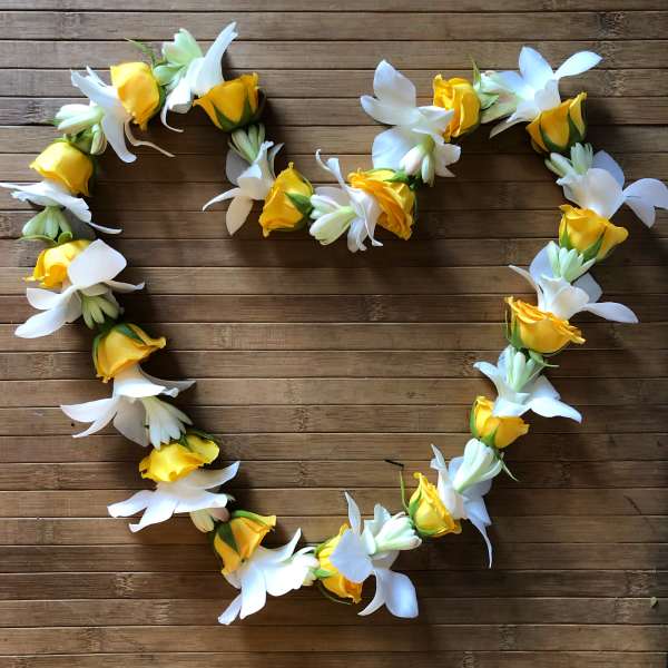 orchid, spray rose, tuberose lei