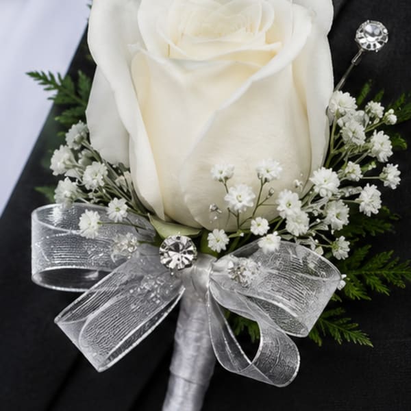 White Rose Boutonniere with Rhinestones