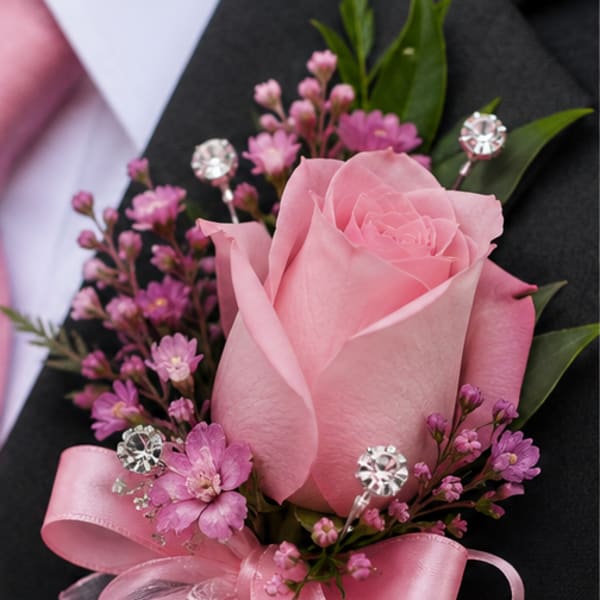 Pink Rose Boutonniere with Rhinestones