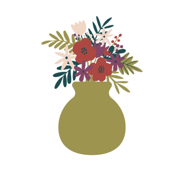 Stylized bouquet of flowers in an olive vase