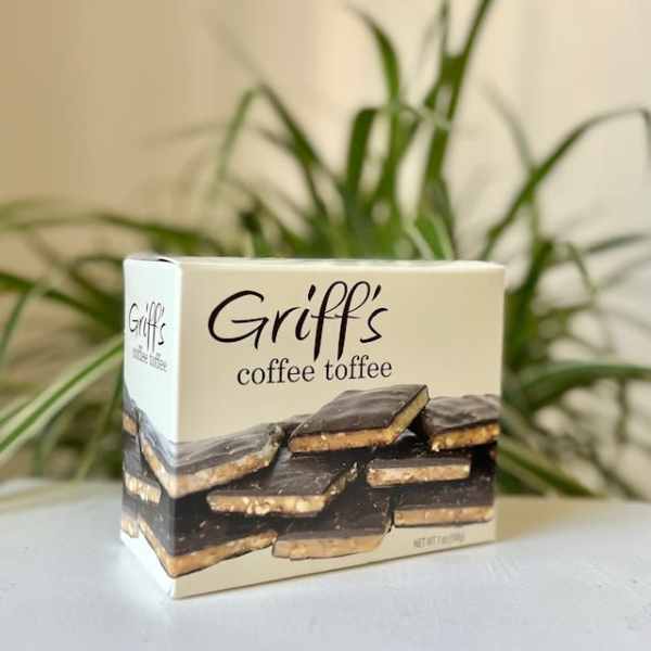 Box of coffee toffee candy on a table