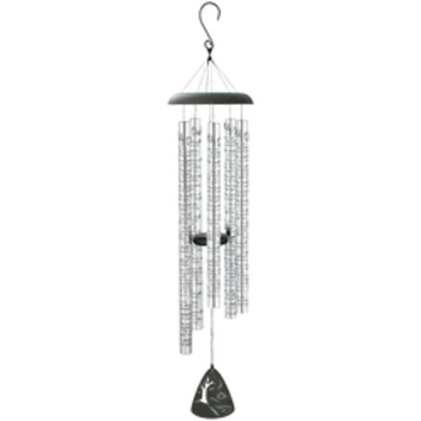 Metal wind chime with hanging tubes and a black clapper