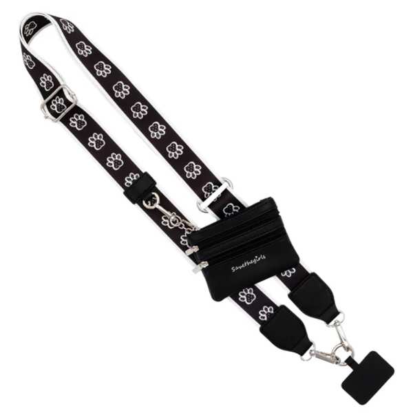 Black crossbody strap with white paw prints and a small zip pouch