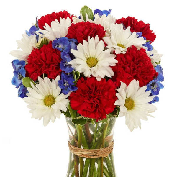 Bouquet of red carnations, white daisies, and blue flowers in a glass vase