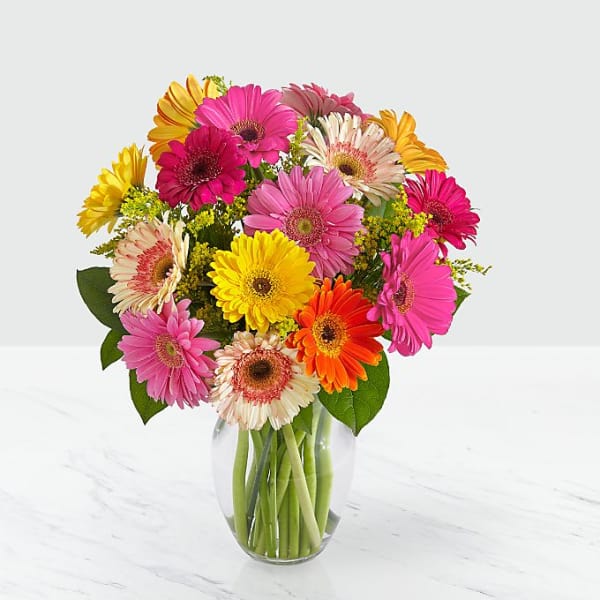Colorful gerbera daisy bouquet in a clear glass vase