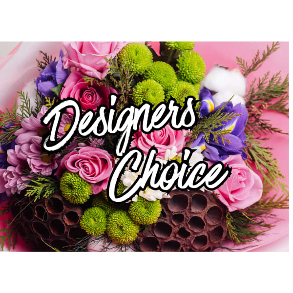 Pink roses and purple flowers with green pompons on a pink background
