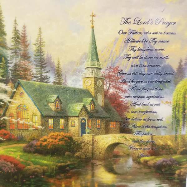 Printed church scene with The Lord's Prayer text