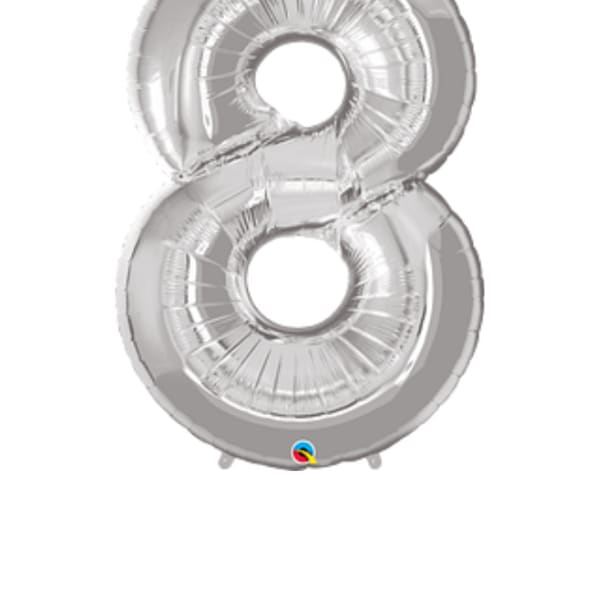 Silver foil balloon shaped like the number 8