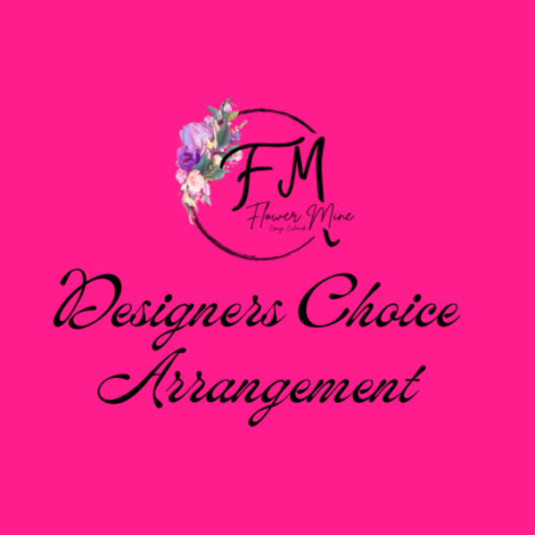 Pink graphic with a floral logo and the words Designers Choice Arrangement