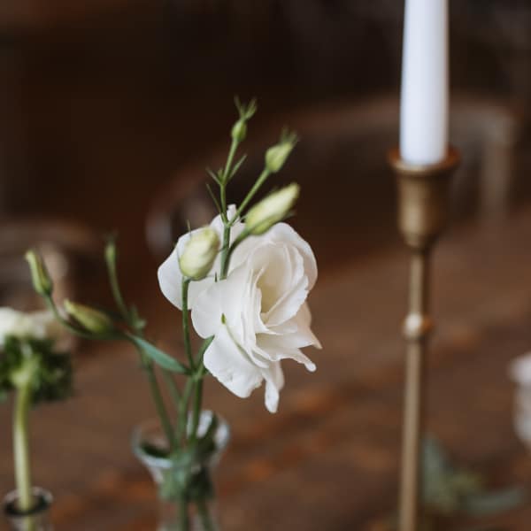 White lisianthus stems in a small glass vase on a table