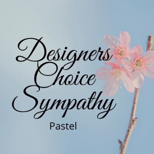 Pink blossoms on a branch beside the words "Designers Choice Sympathy Pastel"
