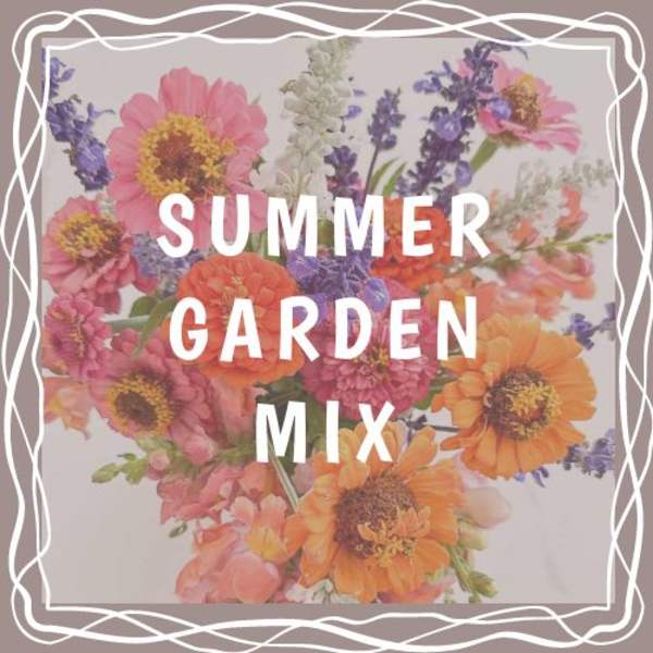 Mixed bouquet of pink, orange, and purple flowers with the words SUMMER GARDEN MIX