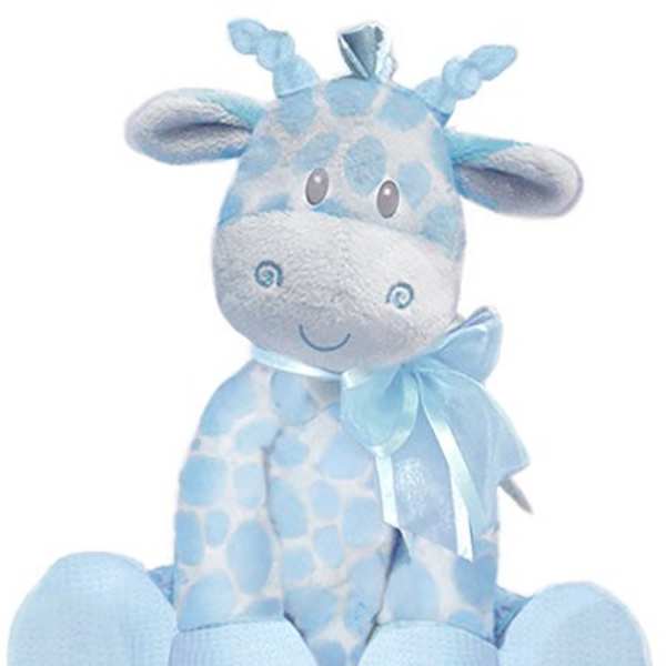 Light blue and white plush giraffe with a satin bow around its neck