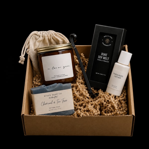 Gift box with a candle, soap, lotion, and soy melt in a drawstring pouch