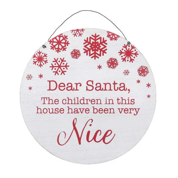 Round Christmas sign with red snowflakes and Santa message