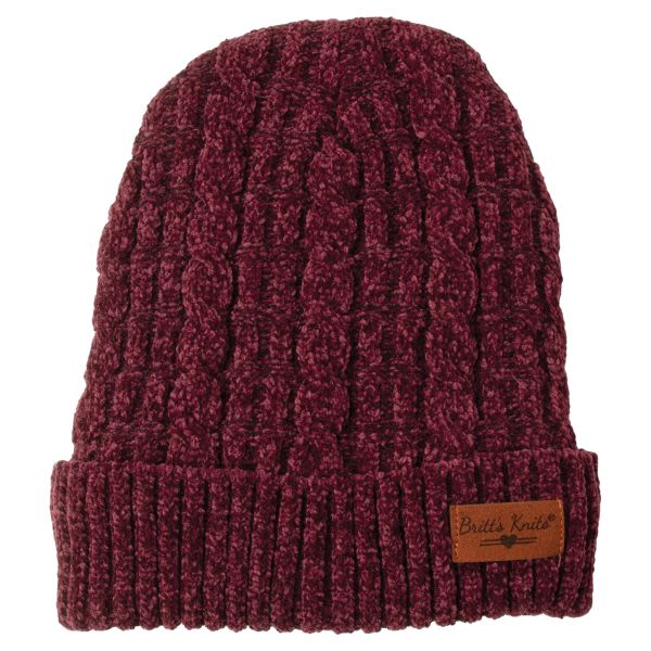 Maroon knit beanie hat with a folded cuff and small label