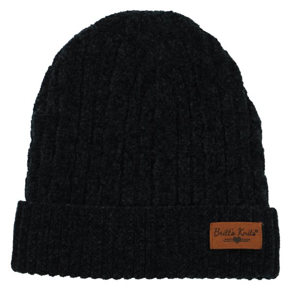 Black knit beanie with a small brown logo patch