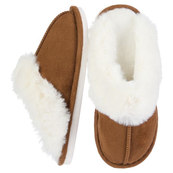 Pair of brown and white fuzzy slippers on a white background