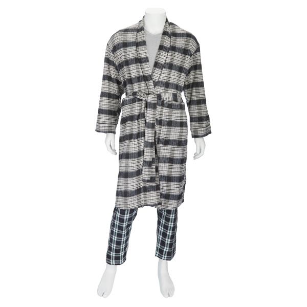 Plaid robe and matching pants on a mannequin