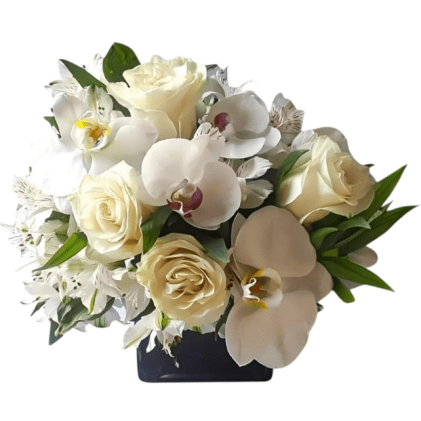 Cream roses and white orchids in a dark vase