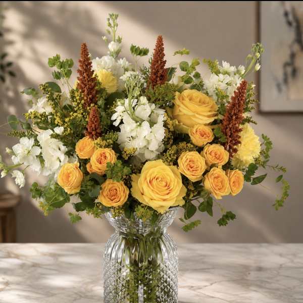 Yellow and orange roses arranged with white flowers in a clear glass vase.