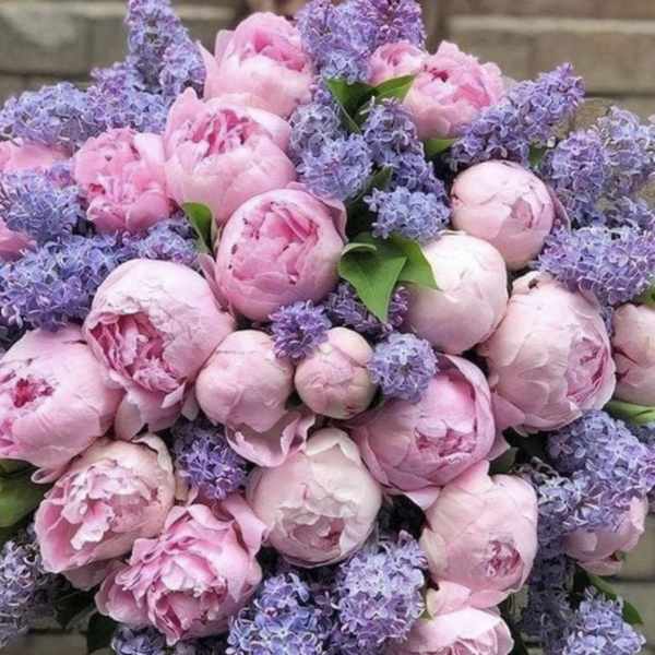 Pink peonies mixed with purple lilac blooms in a dense bouquet
