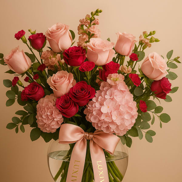 Pink and red rose bouquet in a glass vase with a satin ribbon