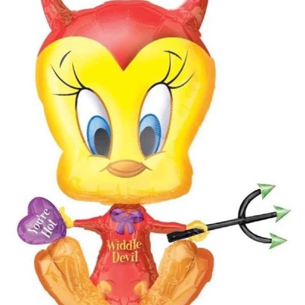 Tweety Bird devil-themed foil balloon with a heart and trident