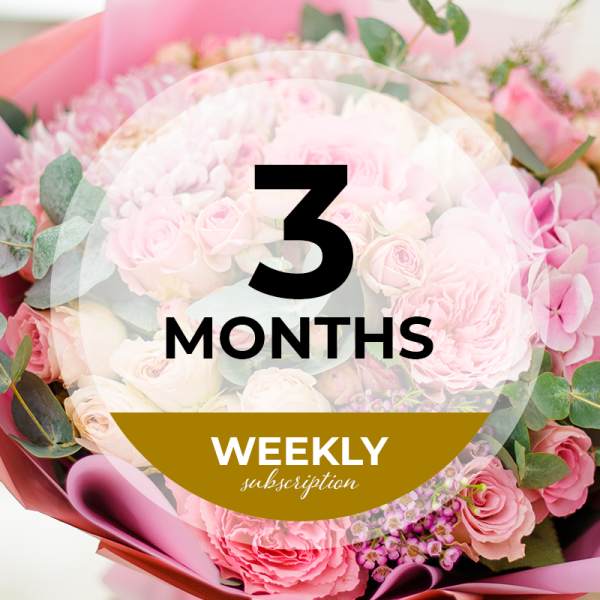 Pink rose bouquet with a "3 months" weekly subscription label