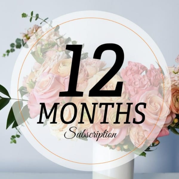 Pastel pink and cream bouquet with a 12 months subscription label