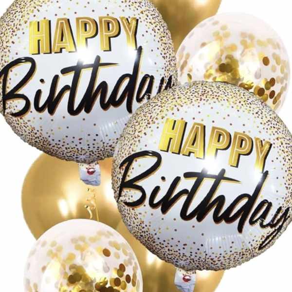 Cluster of gold and clear birthday balloons with confetti and "Happy Birthday" text