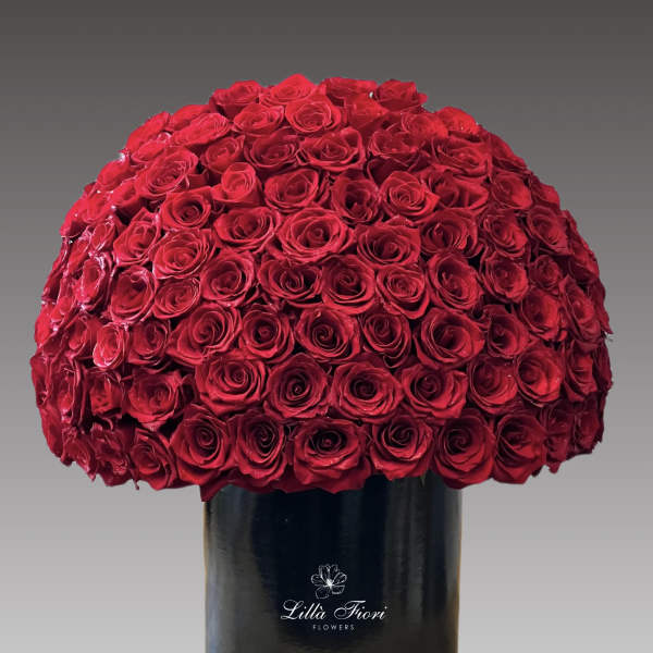Large dome of red roses in a black cylindrical box