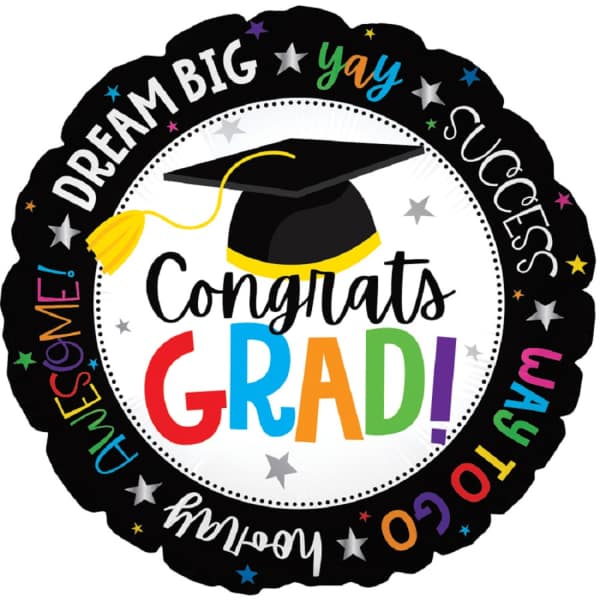 Round graduation balloon with a mortarboard and colorful congratulatory text