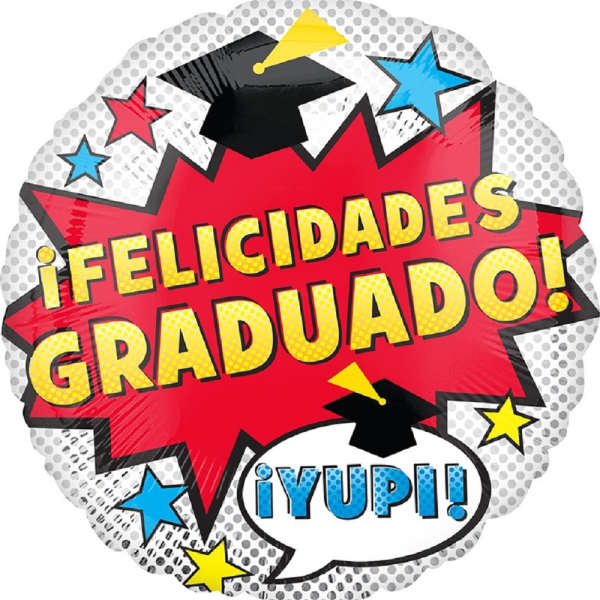 Round graduation balloon with Spanish congratulatory text and stars