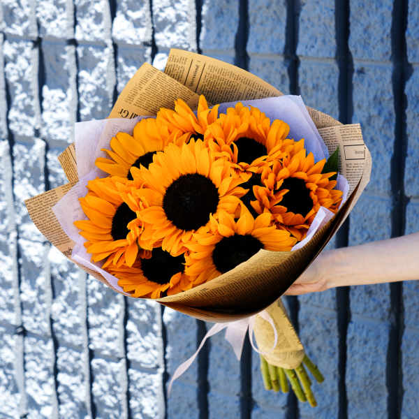 Bouquet of orange sunflowers wrapped in newspaper-style paper
