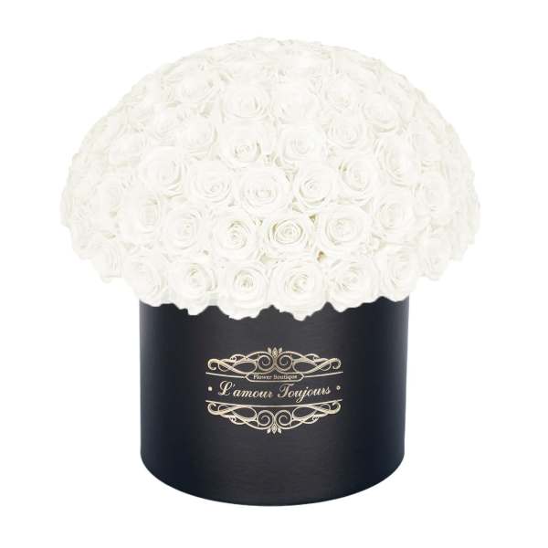 White rose bouquet in a black round box