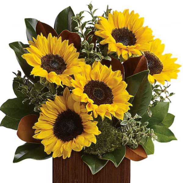 Sunflower arrangement in a rectangular wooden vase