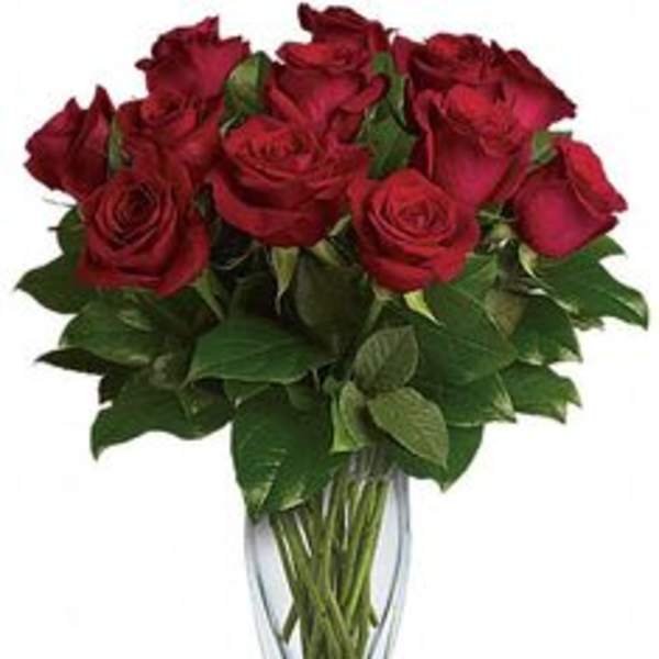 Red roses arranged in a clear glass vase